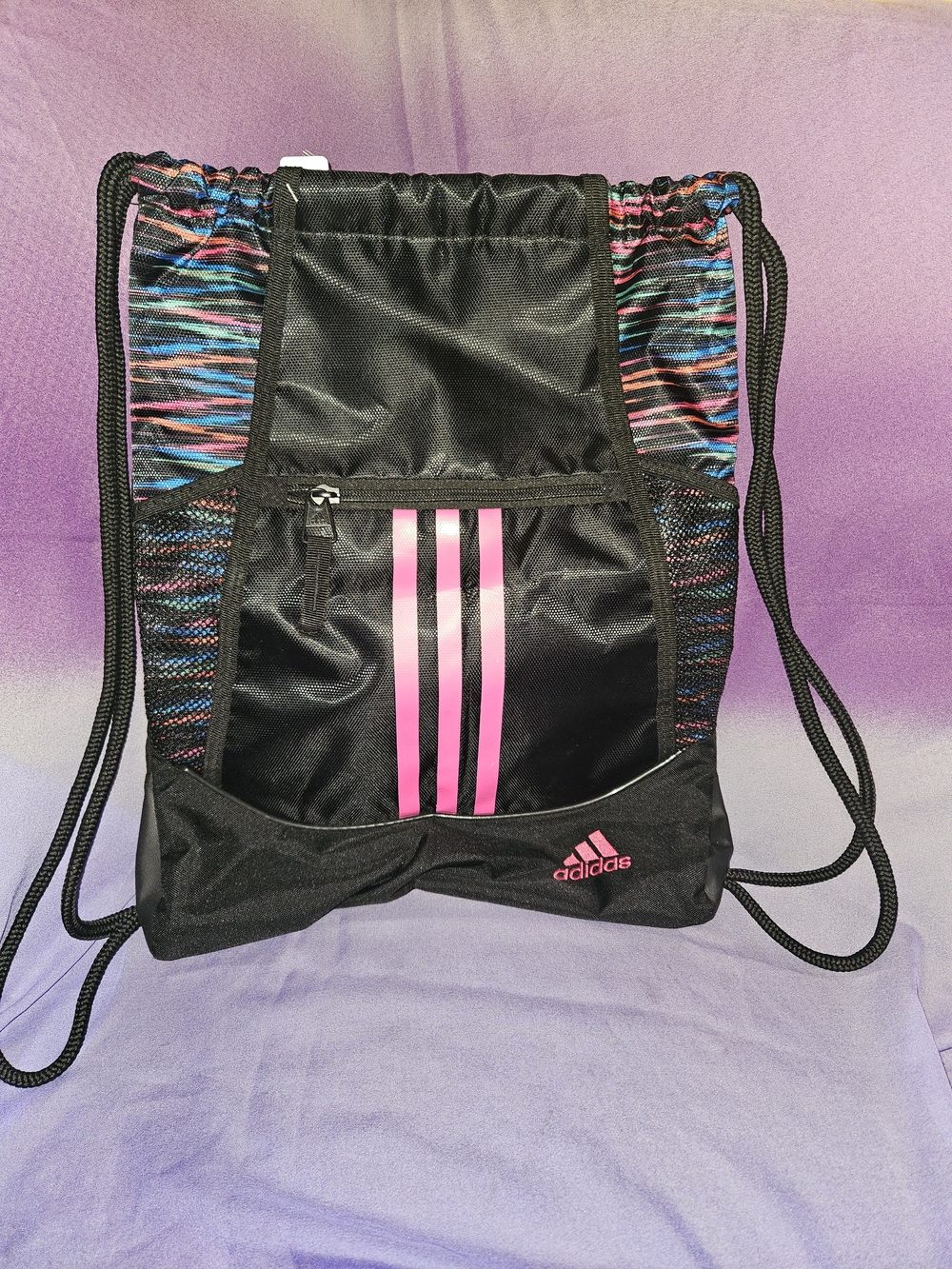 Adidas Black Drawstring Gym Bag with Pink Stripes
